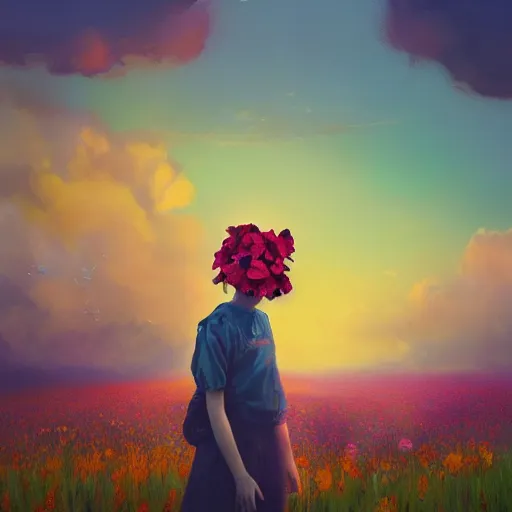 Prompt: girl with a flower face, surreal photography, dream, standing in flower field, magical, in a valley, sunrise dramatic light, impressionist painting, colorful clouds, artstation, simon stalenhag