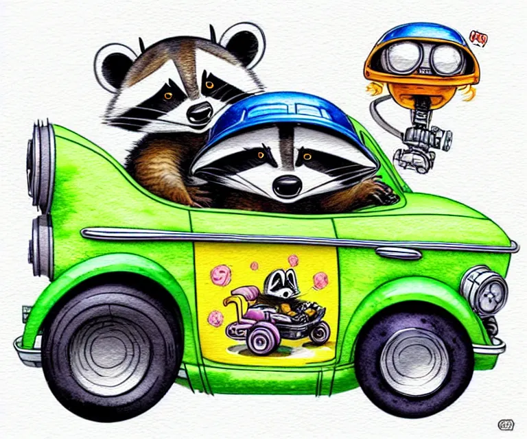 Prompt: cute and funny, racoon wearing a helmet riding in a tiny hot rod with oversized engine, ratfink style by ed roth, centered award winning watercolor pen illustration, isometric illustration by chihiro iwasaki, edited by olga shvartsur, tiny details by artgerm, symmetrically isometrically centered