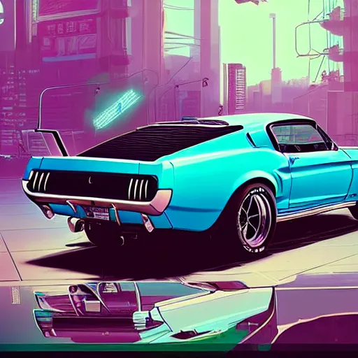 Image similar to a detailed render of a cyberpunk 1 9 6 7 ford mustang fastback, vector art, by dan mumford, yusuke murata, makoto shinkai, ross tran, cosmic, heavenly, god rays, intricate detail, cinematic, 8 k, cel shaded, unreal engine, featured on artstation, pixiv