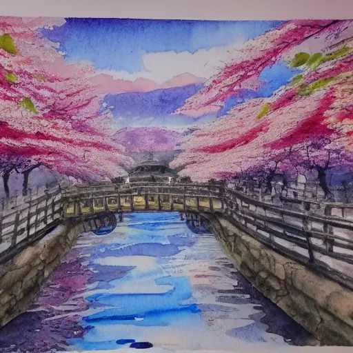 Prompt: watercolor painting of Kyoto in cherry blossom season, 4K, extremely detailed. award winning