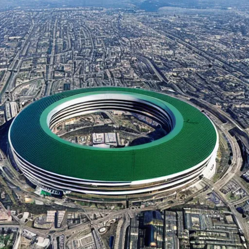 Prompt: The Apple Parc as a giant ring-shaped space station encircling a modern city floating above the city, the ring is horizontal, surrounding the city, cinematic