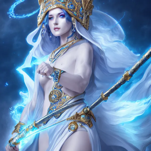 Prompt: beautiful elemental sky witch with ornate white and blue robes and staff, highly detailed, 4 k, hdr, smooth, sharp focus, high resolution, award - winning photo, artgerm, photorealistic