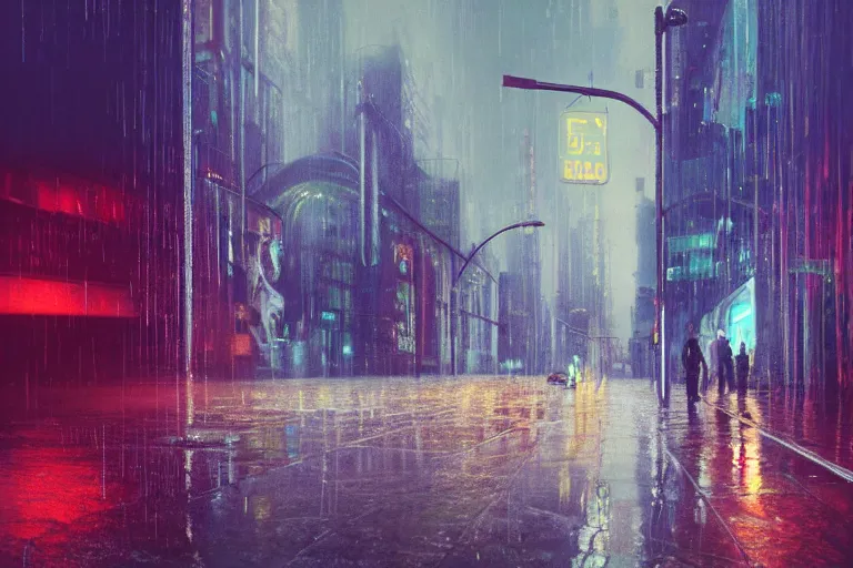 Image similar to city slow exposure, rain like a dream, oil painting, cinematic, surreal, dramatic, otherworldly, dreamlike, soft volumetric lighting, cyberpunk, basquiat + moebius + francis bacon + gustav klimt + beeple, elevated street art, fantasy lut, textural,