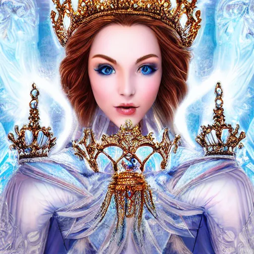 Image similar to beautiful ice queen with ornate cloak and crown, highly detailed, 4k, HDR, sharp focus, hyper realistic,