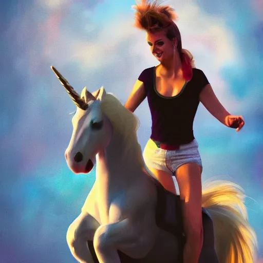 Image similar to a woman resembling olivia newton - john riding a unicorn. sharp colour photograph. soft lighting. depth of field. trending on artstation.