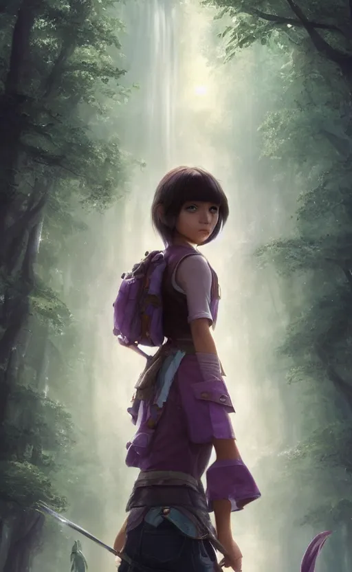 Image similar to a girl from final fantasy live action, dora the explorer, evocative, mystical night, very very very very detailed, award winning, masterpiece digital painting by greg rutkowski, alex grey, artstation, 4 k wallpaper