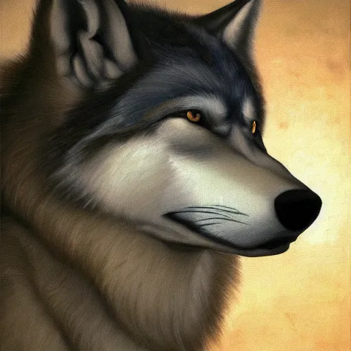 Prompt: realistic wolf fursuit, naturalistic oil painting by michelangelo merisi da caravaggio, chiaroscuro