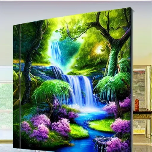 Prompt: magical fantasy landscape with indigo and white flowering trees and waterfalls flowing into pond detailed luminescent airbrush oil painting 4 k