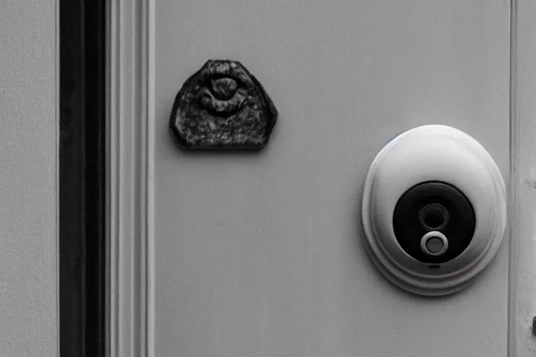 Image similar to smilling man seen on creppy doorbell camera, black and white