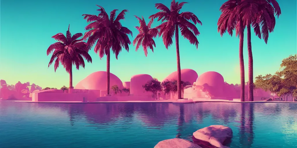 Image similar to Beeple masterpiece, hyperrealistic surrealism, award winning masterpiece with incredible details, epic stunning, infinity pool, a surreal vaporwave liminal space, highly detailed, trending on ArtStation, calming, meditative, pink arches, palm trees, surreal, sharp details, dreamscape, giant gold head statue ruins, crystal clear water, sunrise