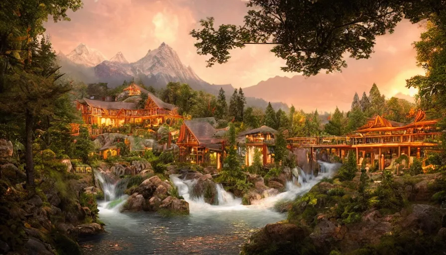 Image similar to rivendell with mcdonald's restaurant built in the mountains with waterfalls and forest at the foot of green gigantic mountains at sunset, fireplace, hyperdetailed, artstation, cgsociety, 8 k