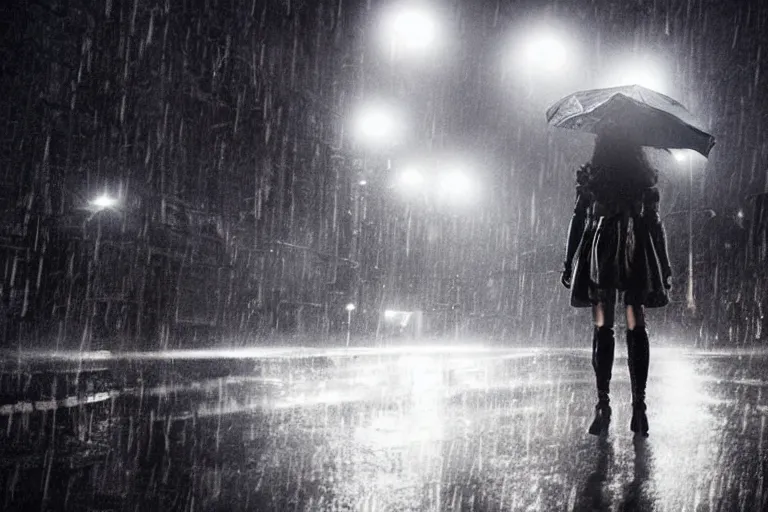 Image similar to vfx woman black super hero photo real, city street night lighting, rain and fog by Emmanuel Lubezki