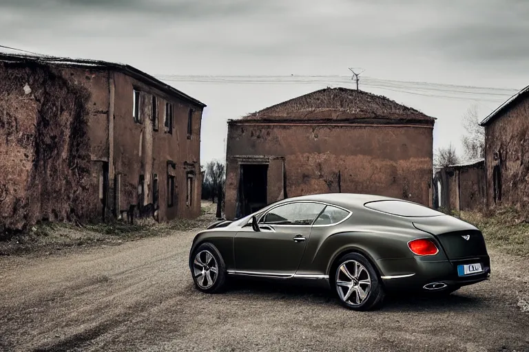 Image similar to modern rusty matte tired Bentley Continental GT without gloss no reflections drives along the road of an old Russian village with houses at the edges