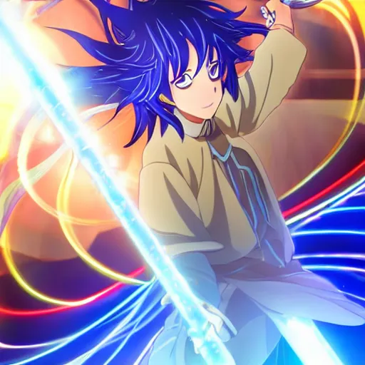 Prompt: a beautiful anime character wizard with free flowing hair holding a staff that has a glowing blue orb at the head of it emanating brilliant blue light, high detail, high resolution