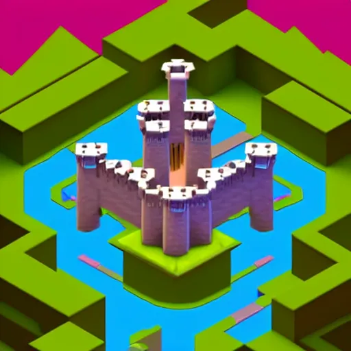 Image similar to isometric 3d video game level, castle in forest, monument valley style