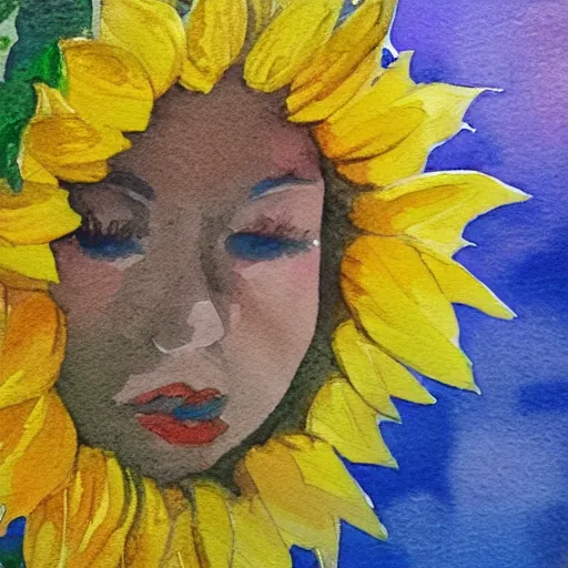 Image similar to molly sanden, watercolor, in the style of claude monet, beautiful face, sunflowers, award winning, hd, 4 k, purple, blue -