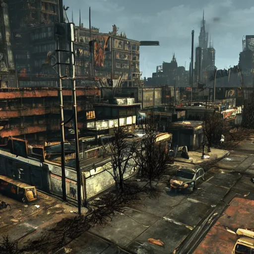 Prompt: New York in ruins post-nuclear war in Fallout 4, in game screenshot