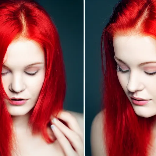 Image similar to a beautiful woman with red hair, close - up photography, studio lighting
