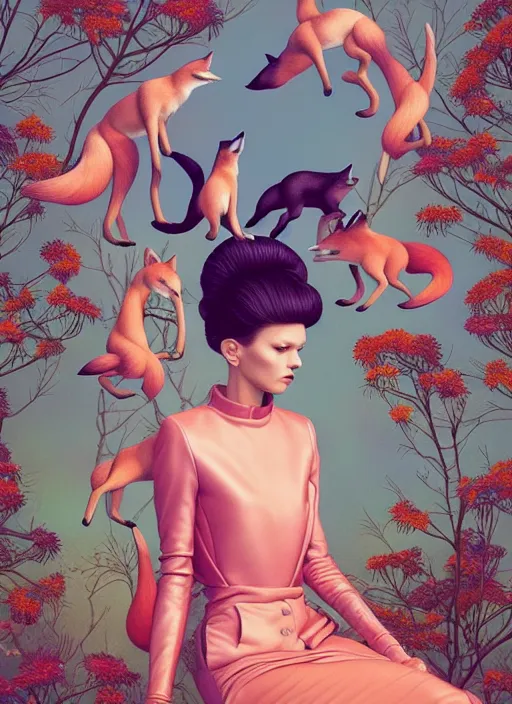 Image similar to pretty model with foxes : : by martine johanna and simon stalenhag and chie yoshii and casey weldon and wlop : : ornate, dynamic, particulate, rich colors, intricate, elegant, highly detailed, vogue, harper's bazaar art, fashion magazine, smooth, sharp focus, 8 k, octane render,