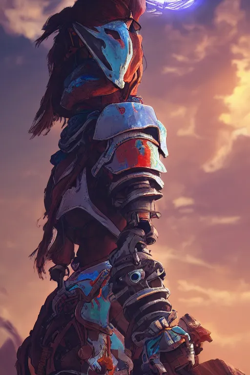 Image similar to combination suit armor aloy horizon forbidden west horizon zero dawn radiating a glowing aura global illumination ray tracing hdr fanart arstation by ian pesty and alena aenami artworks in 4 k tribal robot ninja mask helmet backpack