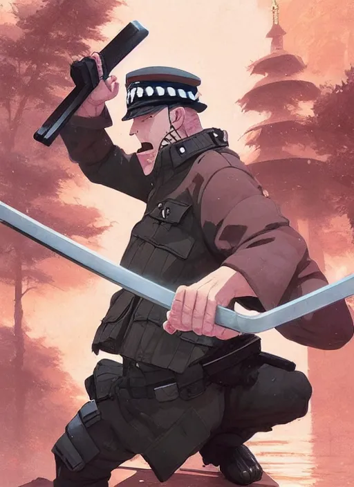 Prompt: highly detailed polish policeman fighting with katana wielding naruto uzumaki with black hair, fighting with polish policeman art by greg rutkowski, loish, rhads, ferdinand knab, makoto shinkai and lois van baarle, ilya kuvshinov, rossdraws, tom bagshaw, global illumination, radiant light, detailed and intricate environment