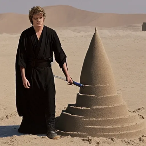 Image similar to Picture of an adult Anakin Skywalker building a sand castle on Tatooine, played by hayden christensen, award-winning