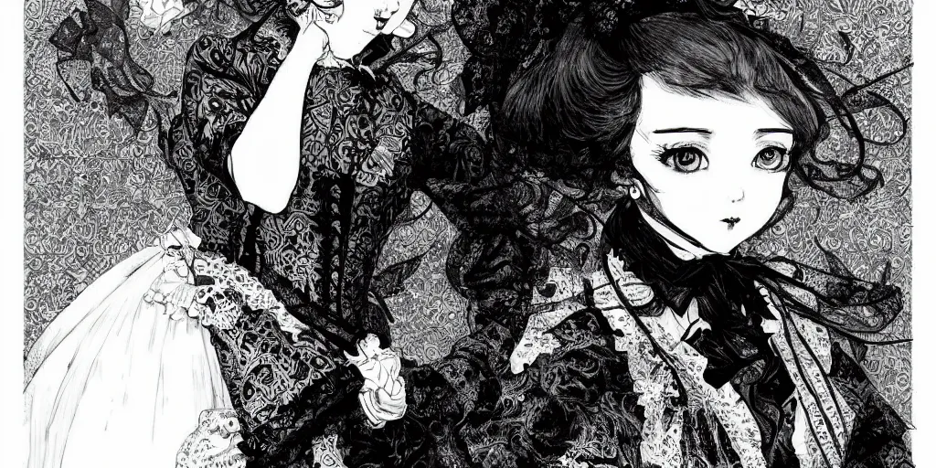 Image similar to Portrait a woman in Victorian clothing, Art by Yana Toboso, manga, black and white, japanese ink, high contrast, digital art