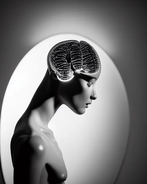 Prompt: dreamy dark artistic black and white fine art photo of a monumental wax sculpture of a delicate young female cyborg - orchid with a luminous brain in the middle of a minimalist art gallery with many people around the sculpture, rim light, cinematic, studio dramatic light, poetic, octane render, 8 k, photo - realistic