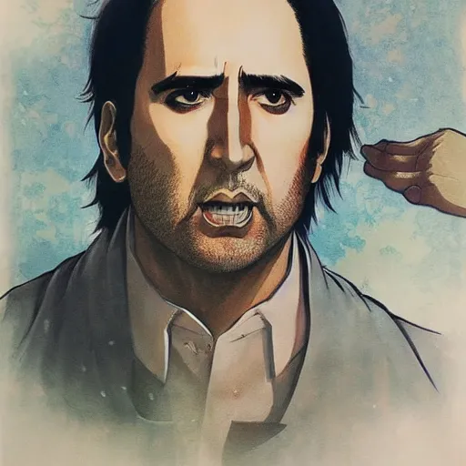 Image similar to beautiful amazing anime portrait painting of nicholas cage in tokyo. by satoshi kon, hayao miyazaki, kuvshinov ilya, lariennechan, aokamei