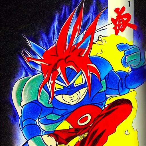 Image similar to it's an anime drawing by akira toriyama, it depicts characters from one of his manga series. the central figure is a blue demon, his arm raised, ready to fight. the background is black, there is a red moon in the sky, which is slightly demonic. the effect is rather sinister.