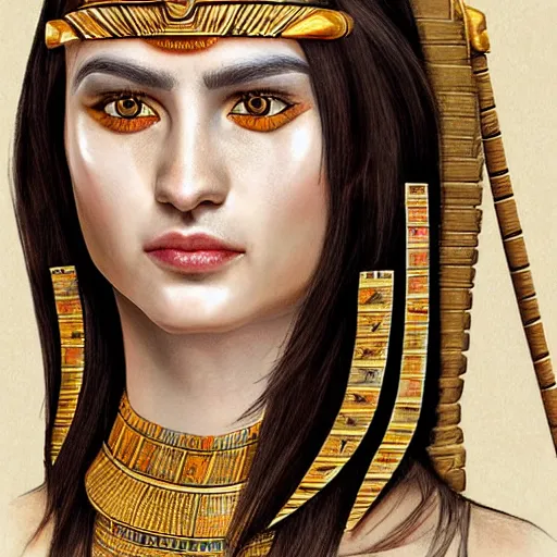 Prompt: a ultra realistic portrait of the real Clepatra wearing ancient egypt real outfits with ultra detailed, perfect and wild face, and ultra detailed ,perfect and wild eyes , brown short and straight hair , perfect and ultra detailed portrait
