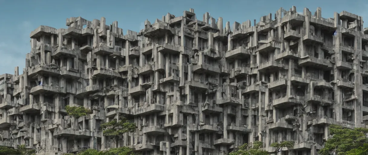 Prompt: Still from BIG MONKEY MOUNTAIN (2022) depicting ornate brutalist architecture