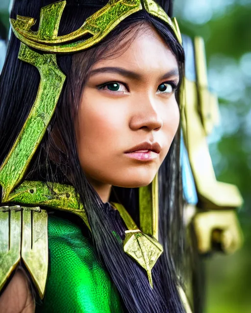 Prompt: a beautiful close up photo of a Filipina female elf ranger with long hair and green eyes, no helmet, wearing green and gold futuristic mecha armor, with ornate rune carvings and glowing lining, very detailed, shot in canon 50mm f/1.2