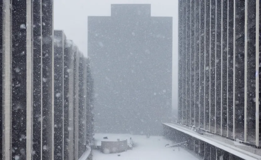 Prompt: snow falling on brutalist high rise buildings, complex ramps, balconies, stairways, white marble statues on pedestals in the background, depth of field, sharp focus, clear focus, beautiful, award winning architecture, le corbusier, frank lloyd wright, snow, fog, mist, hopeful, quiet, calm, serene