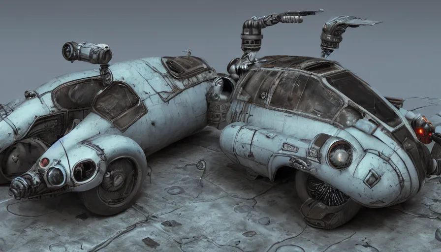Image similar to fallout retro futuristic vehicle, 8 k photorealistic, hd, high details, trending on artstation