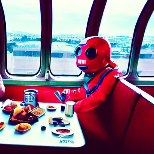 Prompt: lomo astronaut having dinner with cocacola in train