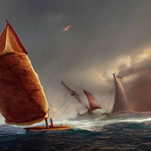 Image similar to a giant taco sails across the ocean and the taco bell chihuahua is the captain, high detail, 8 k, fantasy art, artstation,