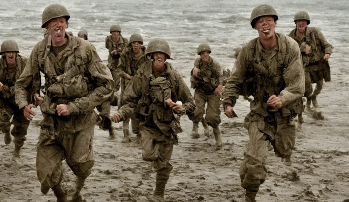 Image similar to Hollywood image of Matthew Lillard as shaggy from scooby doo, storming the beaches of Normandy, with soldiers by his side, saving private Ryan, 70mm film, HD, high detail, photorealistic, epic shot, Hollywood cinematic masterpiece, Christopher Nolan