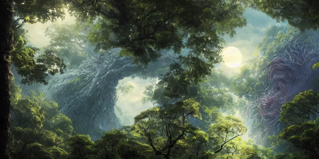 Image similar to close up of a giant liquid monster rising, forest treetop view. 4 k, artgerm, high detail, dramatic lighting, sunset, hayao miyazaki, masashi ando, nizou yamamoto, kazuo oga, joe hisaishi, yoji takeshige, naoya tanaka