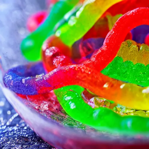 Image similar to macro image of a bowl full of gummy worms, realistic, glistening, slightly sprayed with water.