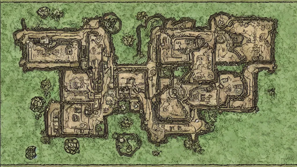 Prompt: a very detailed and stylized indoor map of a dungeon in a forest for game of d & d.