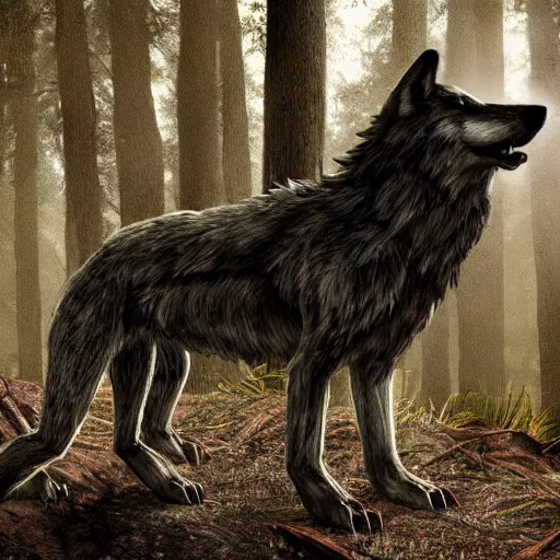 Image similar to werecreature consisting of human and wolf, photograph of dark forest