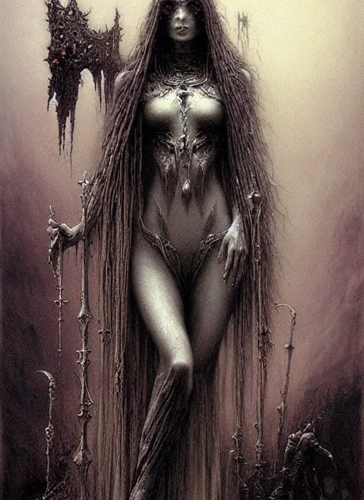 Image similar to majestic dark necromancer queen by Beksinski, Luis Royo