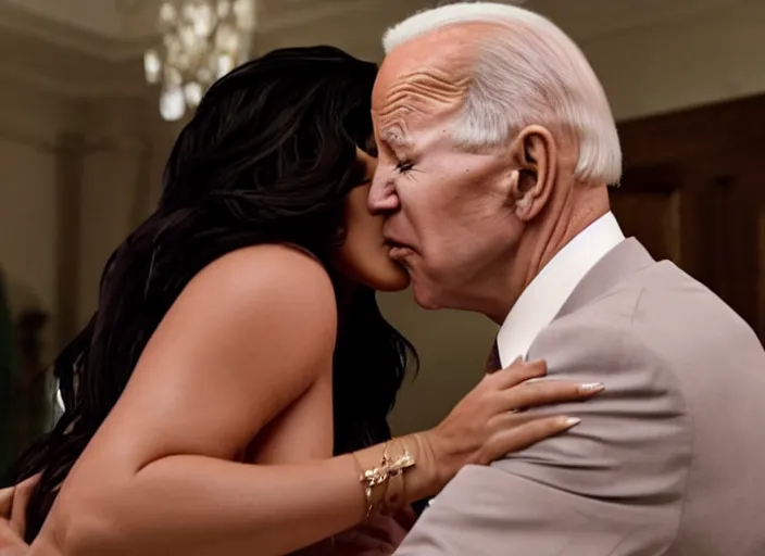 Image similar to film still of kim kardashian being kissed to sleep by joe biden, 8 k