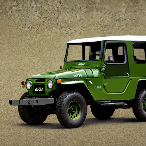 Image similar to closeup of a green Toyota Fj43 build in 1981, black roof, with a roof rack, detailed, by Leonardo da Vinci, 8K, octane render, 8K,