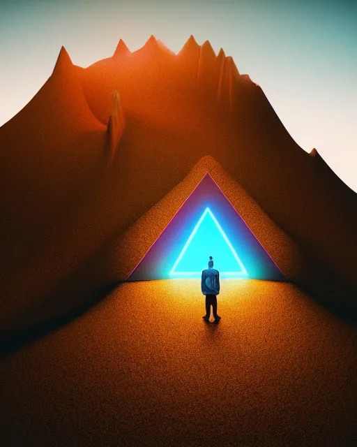 Image similar to a man standing in the middle of a mountain with a glowy triangle, a render by filip hodas, behance contest winner, environmental art, rendered in cinema 4 d, volumetric lighting