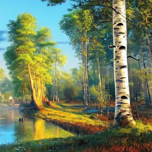 Image similar to a masterpiece detailed beautiful russian village, houses, trees, birch, lake, golden hour, sunset, by Makoto Shinkai and Ivan Shishkin