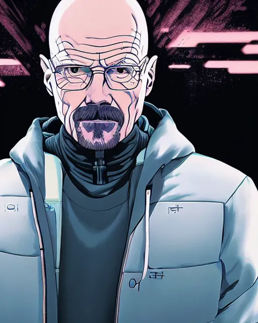 Image similar to portrait of walter white as a robot, cybernetic enhancements, art by makoto shinkai and alan bean, yukito kishiro