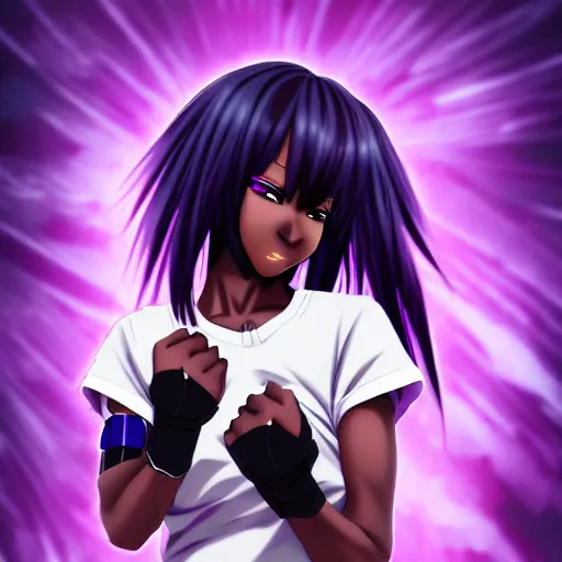 Image similar to black anime manga girl, throwing punch to camera pose, french bob hair, white hair, wearing camo, purple eyes, realistic, 4 k!!!, art station