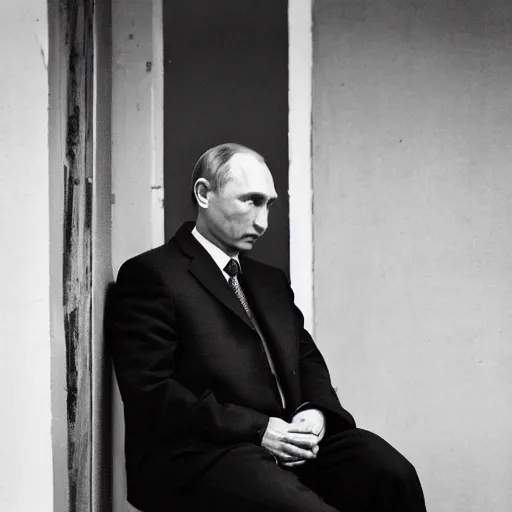 Image similar to a very sad and old wrinkled vladimir putin ( ( in prison clothes sitting on prison bench in prison ) ). detailed professional 3 5 mm black and white photo by don mccullin and anders petersen world press photo award